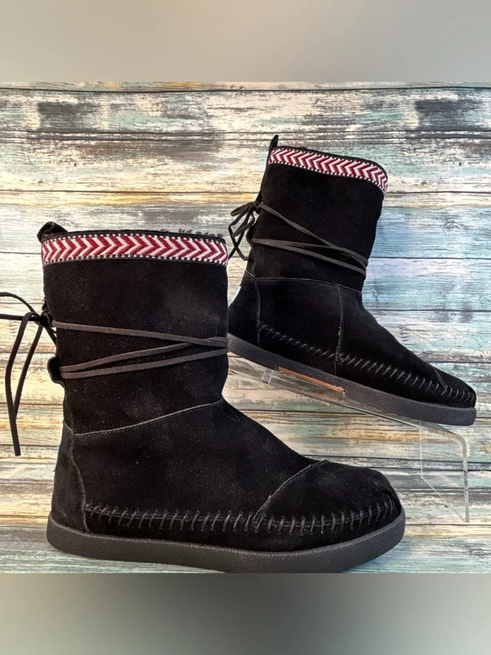 TOMS Nepal Mid Calf Boots Womens 7.5 Black Suede Pull On Faux Fur Boho Comfort